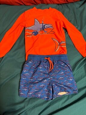 Carter's Orange Shark Rashguard with Blue Shark Swim Trunks